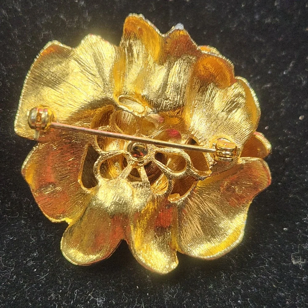 Vintage Gold Tone Textured Rose Brooch Rhinestone Floral Pin 1.75 Inch